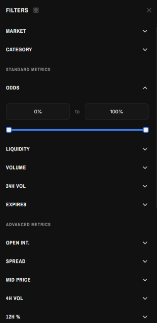 Advanced filters panel with standard and advanced metrics