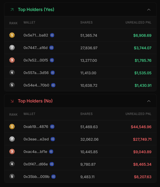 Top Holders (Yes) and Top Holders (No) with Rank, Wallet, Shares, Unrealized PnL