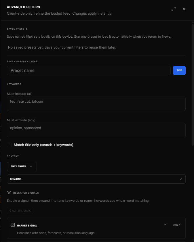 Advanced filters panel