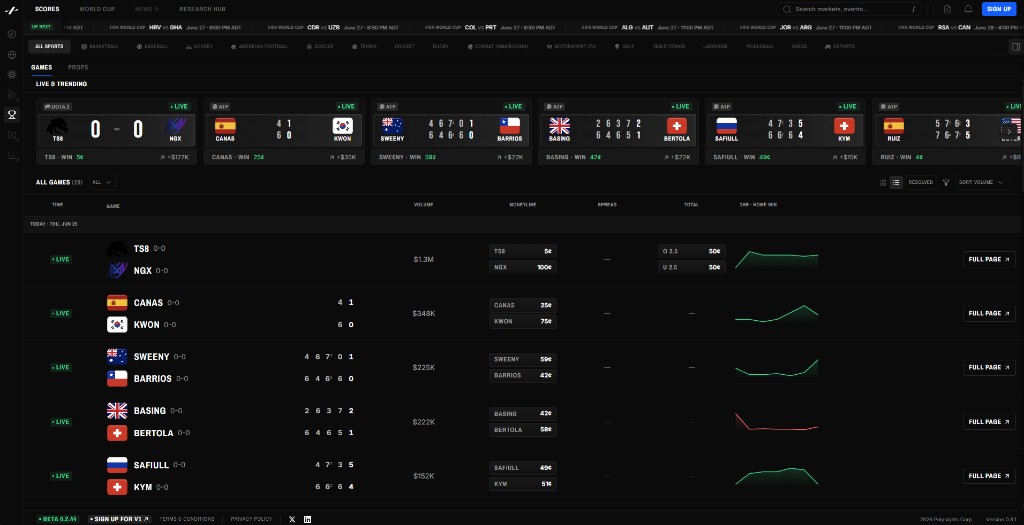 Sports Dashboard home with live games and filters