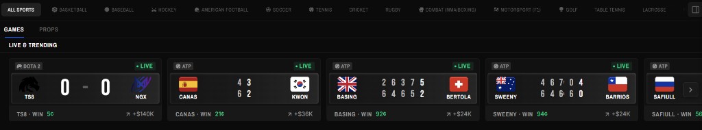 Sports filter and live and trending games